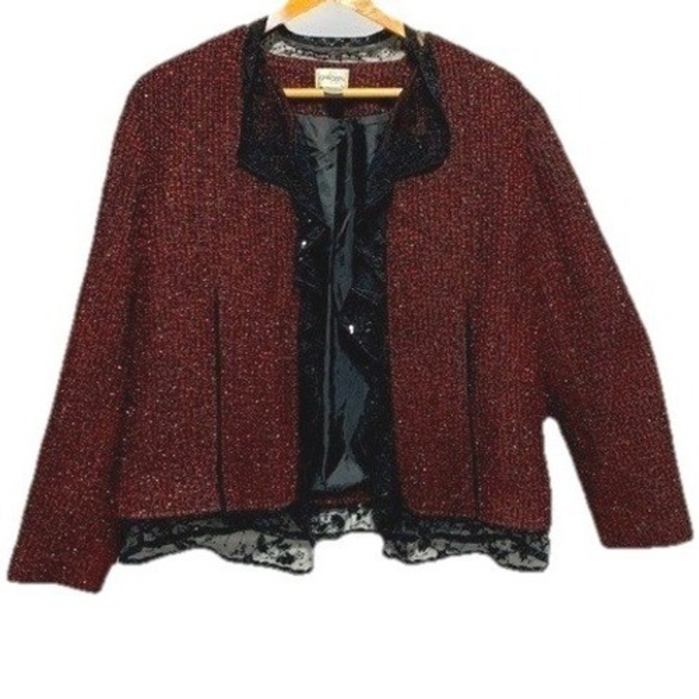 Chicos Jacket Size 1 Burgundy Black Tweed Lace Sequin Open Front Shimmer Blazer